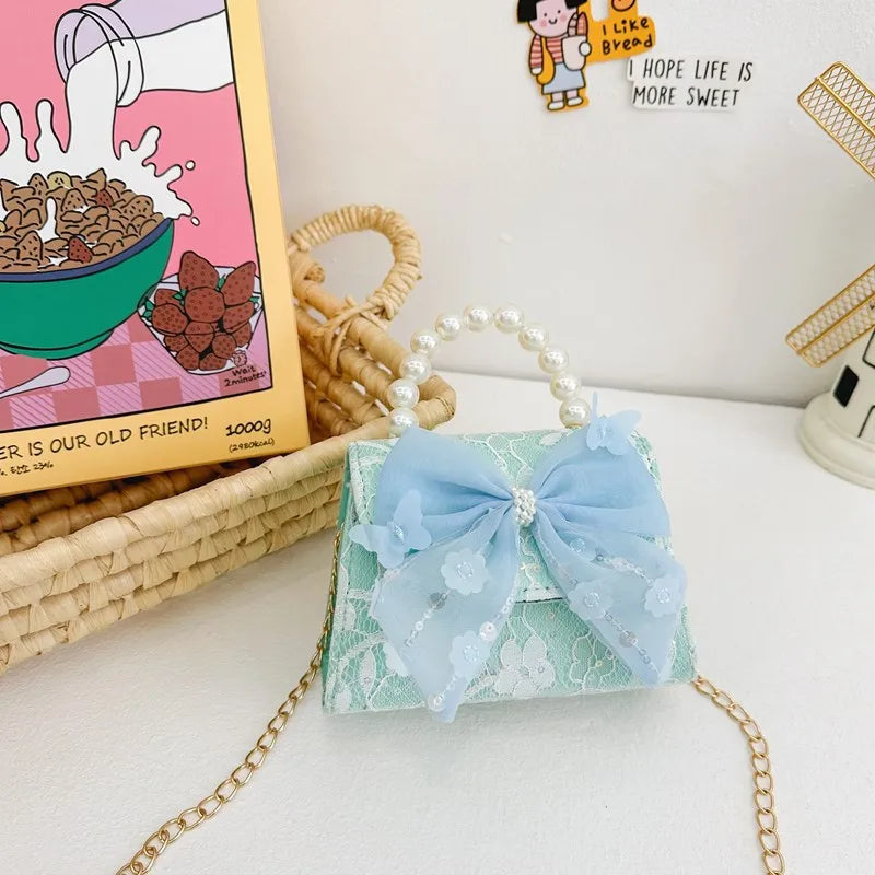New Children's Bag Crossbody Bag Fashion Pearl Handbag Lace Bow Girl Princess Accessories Bag
