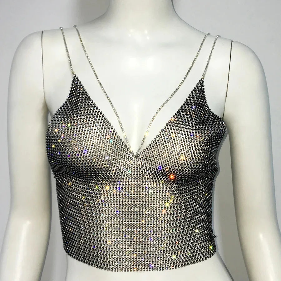 Women's Crop Top Tank Tops Diamond Sexy Streetwear Glittery Solid Color