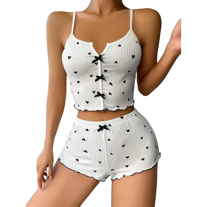New Product Heart-shaped Printed Contrast Home Clothes Front Split Sling Pajamas suit