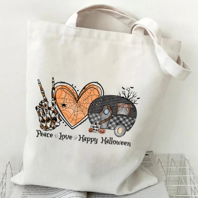 Halloween Cartoon Pumpkin Decorative Canvas Bag Student Handbag Shopping Commuter Bag Large Square Fashion Tote Bag
