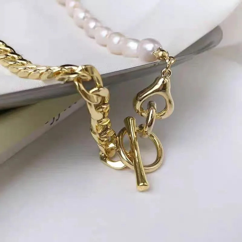 Freshwater Pearl Copper Half Chain Tube and Chain Lines Necklace