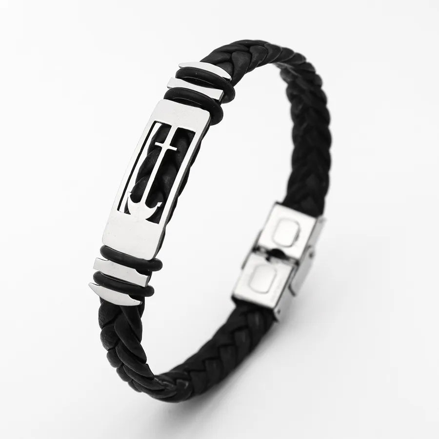 Retro Punk Solid Color 304 Stainless Steel Pu Leather Plating Men's Bangle Men Cord & Leather Bracelets
