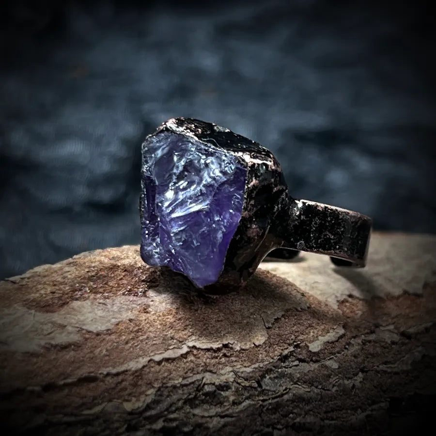 Hip-Hop Retro Geometric natural stone Crystal Fluorite Bronze Plating Open Rings In Bulk