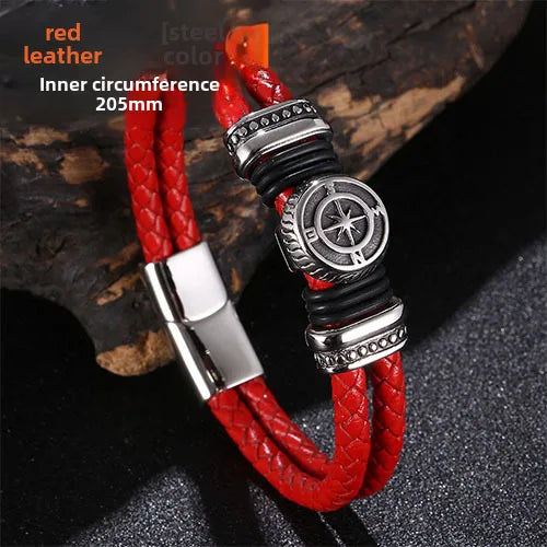 new  men's double leather woven titanium steel bracelet Viking stainless steel DIY leather rope bracelet chain