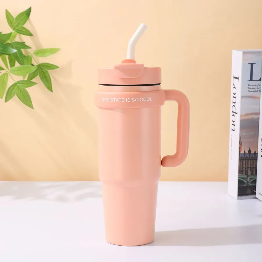 Giant 30Oz Handle Cup, 304 Stainless Steel Thermos Cup, Car Double Drinking Straw Large Ice Cup
