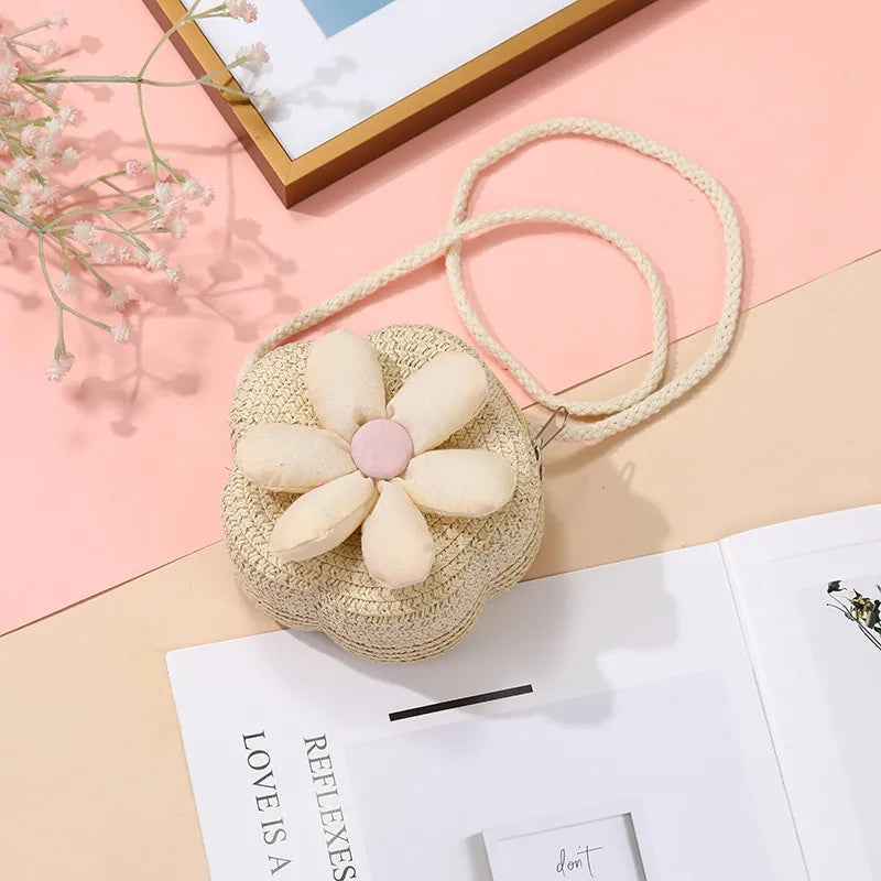 Children's Bag Women's Cute Woven Bag Seaside Vacation  Summer New Sunflower Grass Woven Bag Crossbody Small Bag