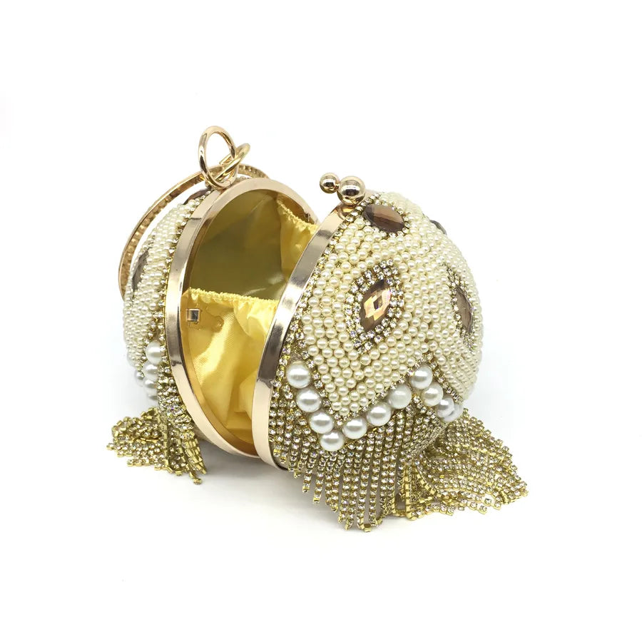 gold silver rhinestone solid color tassel pearl round evening bags