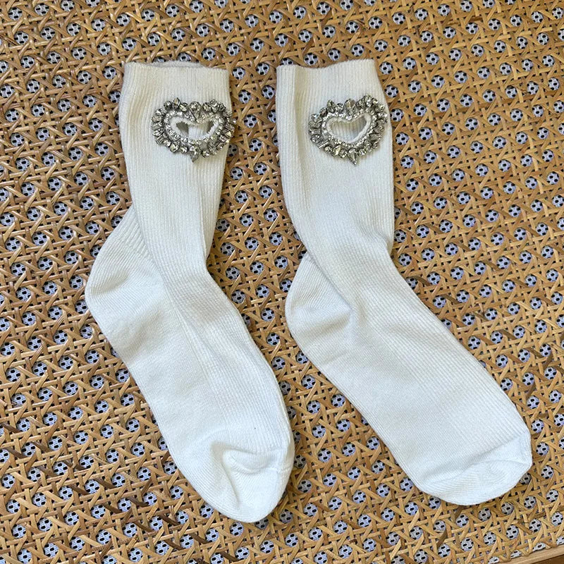 women's elegant heart shape solid color cotton crew socks a pair