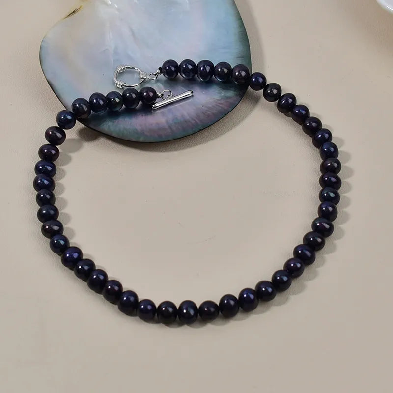 Black Pearl Necklace Autumn Winter Style Women's Simple Natural Freshwater Pearl OT Clasp Lockbone Chain Luxury Minimalist