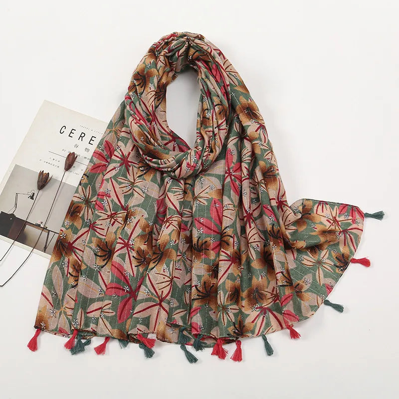 women's retro color block polyester printing scarf