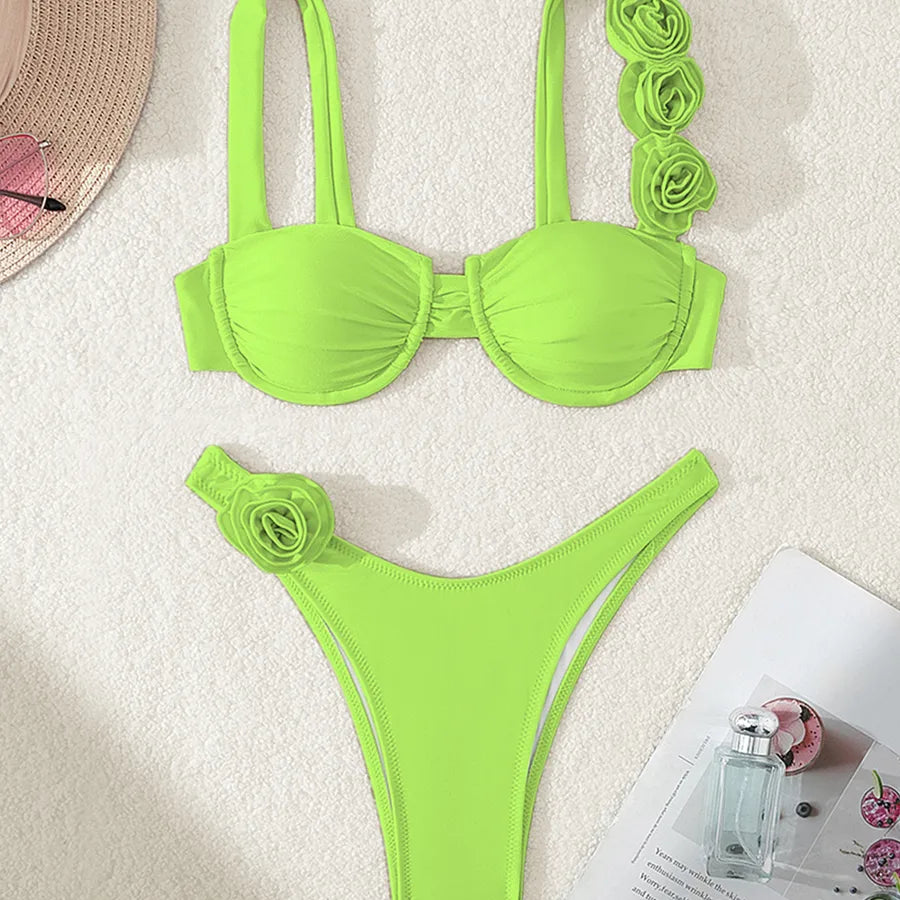 Women's Solid Color Flower 2 Pieces Set Bikinis Swimwear