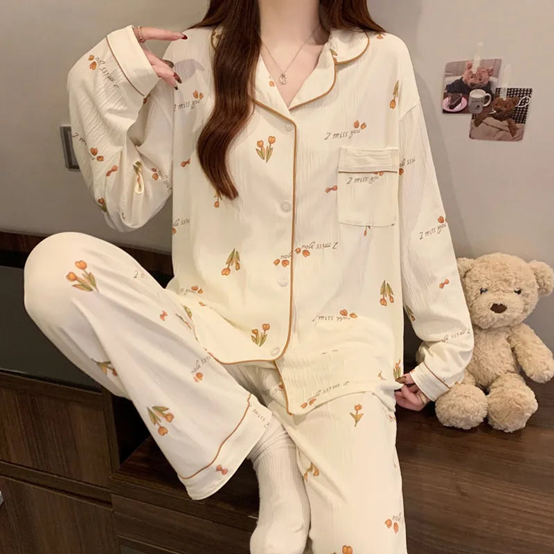 Sweet Girl Heart Print Open Cardigan Sleepwear Long Sleeve Crepe Home Clothes Set Spring New Style Casual Breathable Polyester