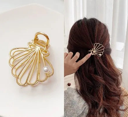 simple style sector shell rectangle imitation pearl rhinestone metal hair claws