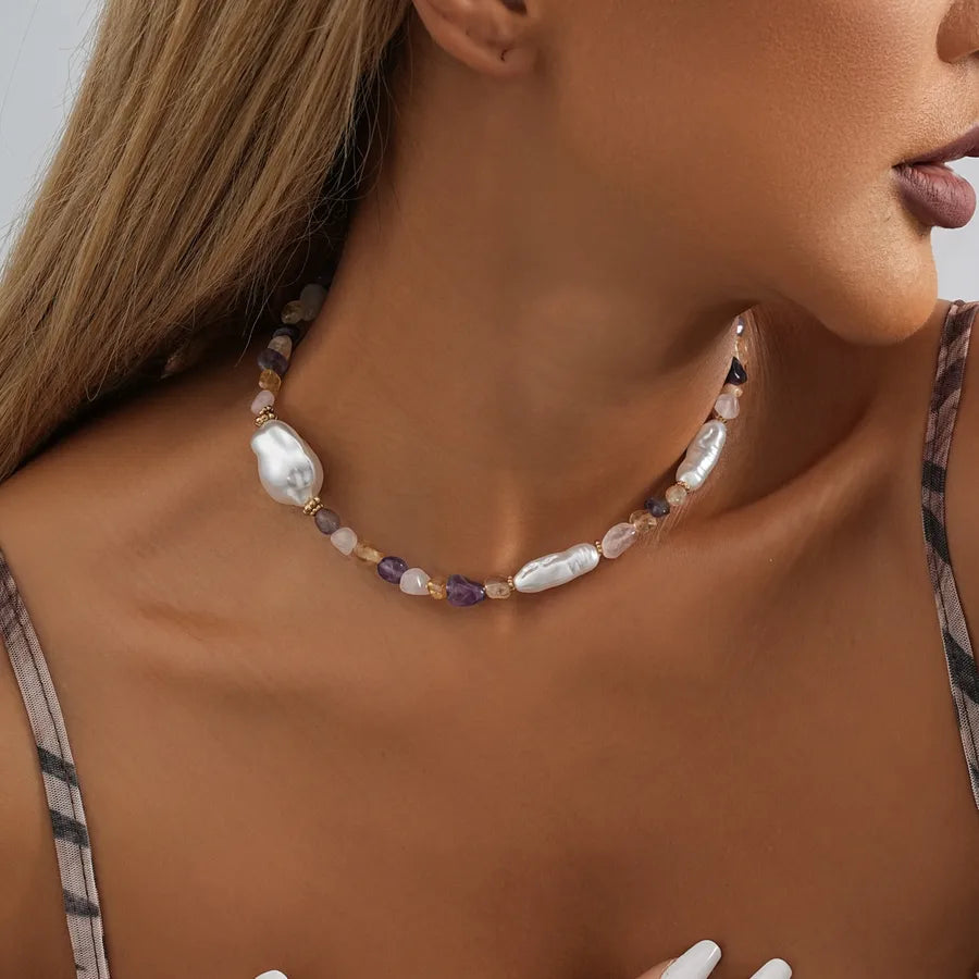 casual roman style geometric imitation pearl natural stone beaded plating necklace