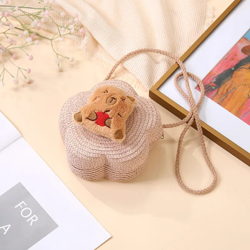 Summer Woven Bag  New Children's Cute Capibala Seaside Vacation Straw Woven Bag Crossbody Coin Purse