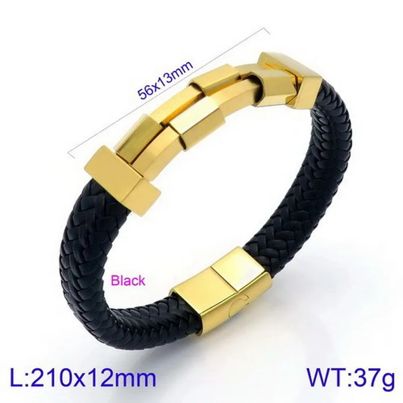 Hip-Hop Retro Color Block Pu Leather Titanium Steel Asymmetrical Plating 18K Gold Plated Men's Bangle