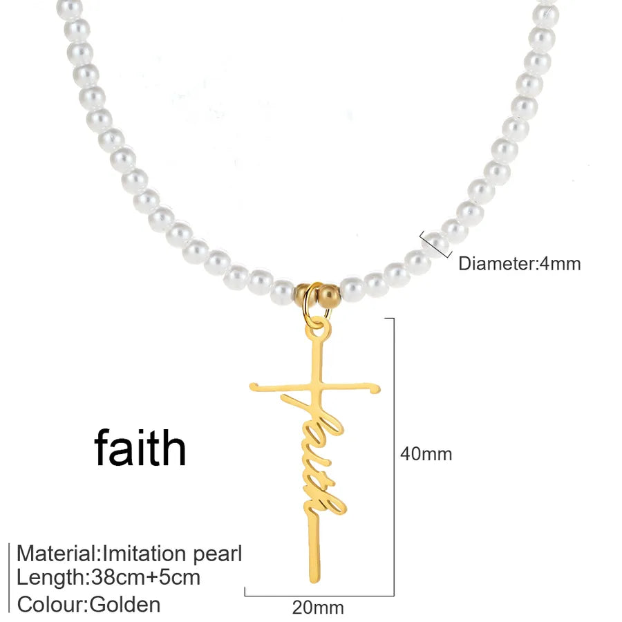 Elegant Simple Style Cross Letter 304 Stainless Steel Imitation Pearl Beaded Chain Beaded Necklaces Wholesale