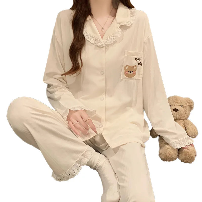 Sweet Cartoon New Style Women's Sleepwear Long Sleeve Casual Home Clothes Cardigan Cotton Like Fabric Four Seasons
