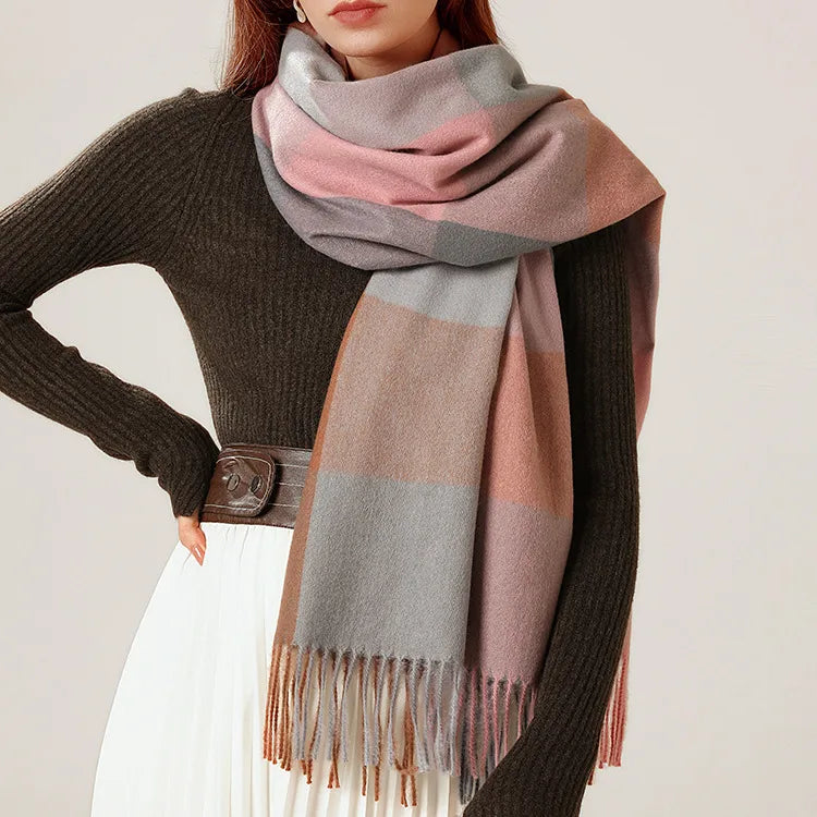 women's retro plaid imitation cashmere tassel winter scarves