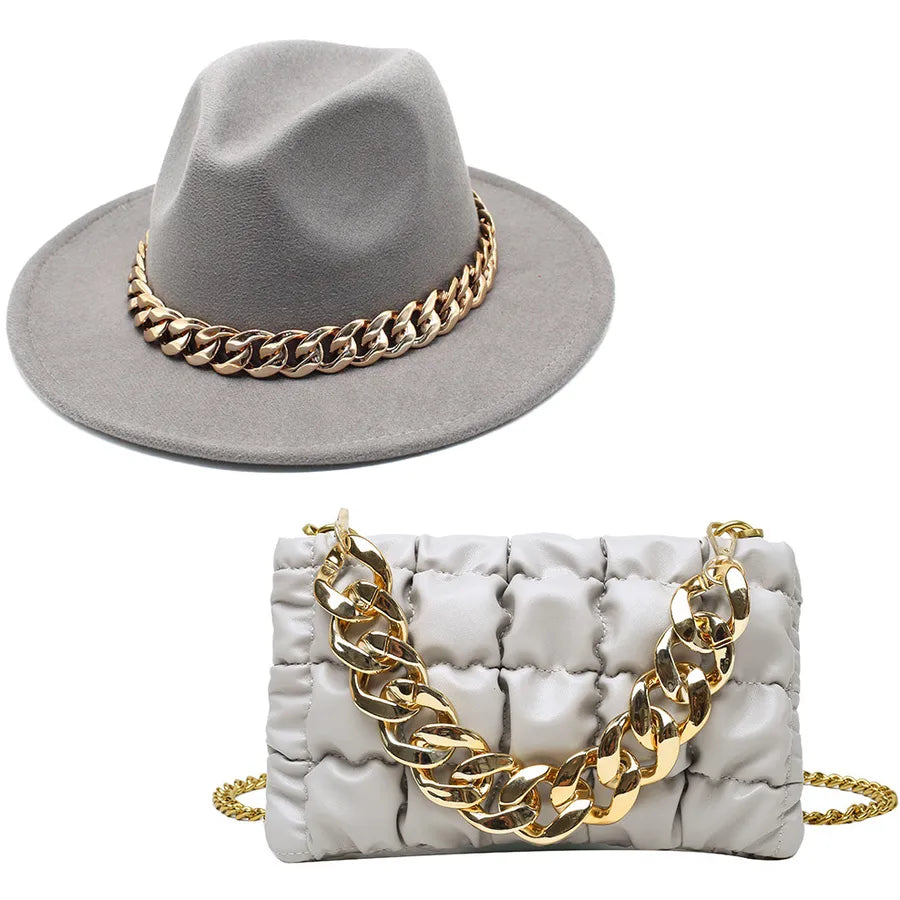 women's british style solid color chain flat eaves fedora hat