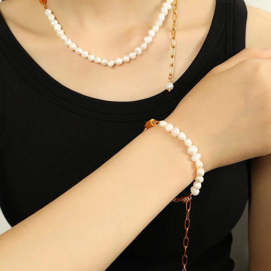 304 Stainless Steel Freshwater Pearl 18K Gold Plated Polishing Plating Round Bracelets