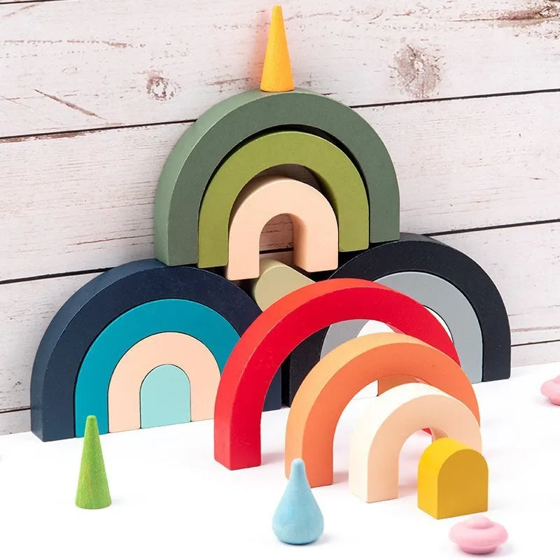 Wooden Rainbow Arch Bridge Semi-Circular Building Blocks Rainbow Display Piece Curved Board Colorful Shape Rainbow Man Stacking Toy