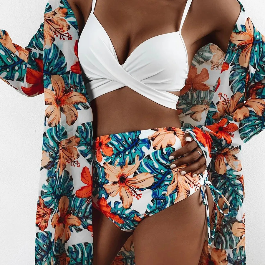 Women's Simple Style Ditsy Floral 3 Pieces Set Bikinis Swimwear