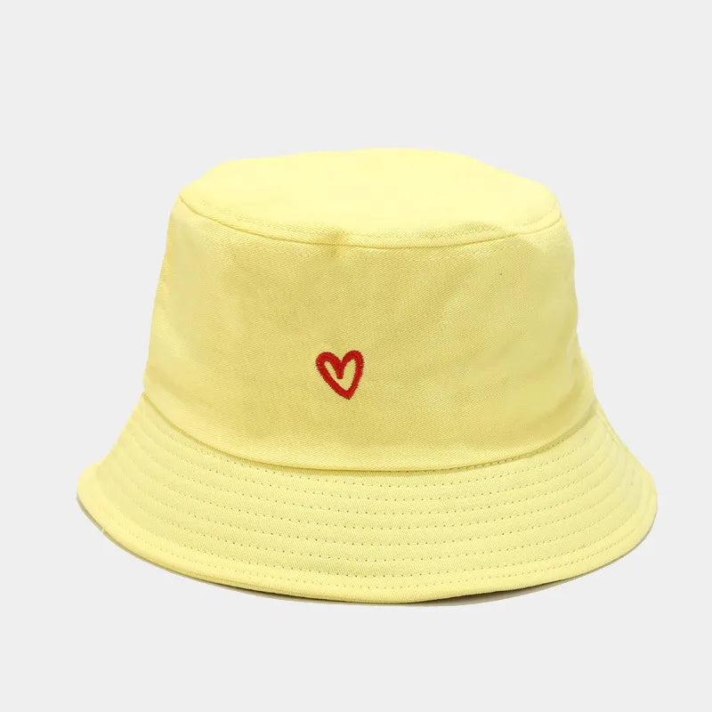 women's casual heart shape embroidery wide eaves bucket hat