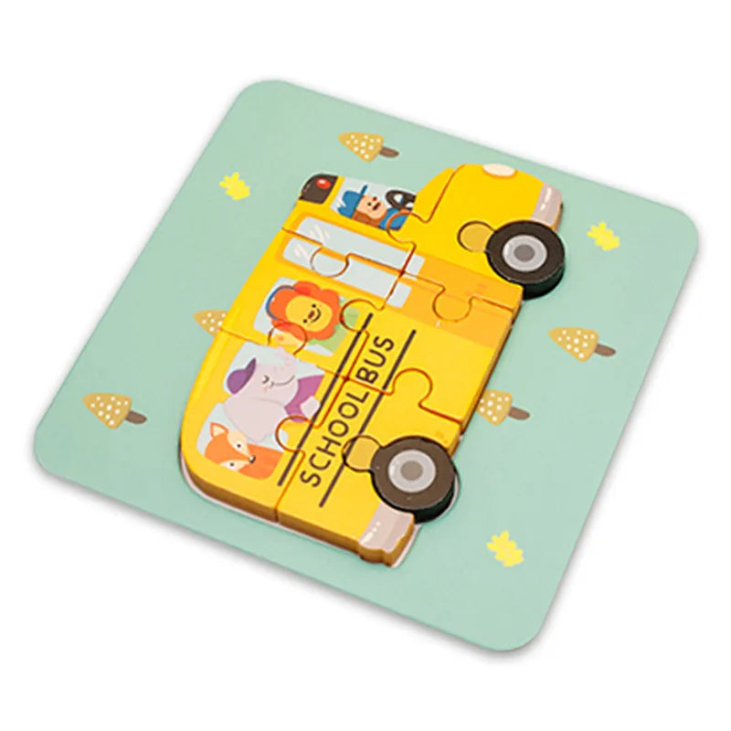 Children's Cartoon 3D Wooden Puzzle Educational Cognitive Animal Enrichment Toy Transportation Vehicle Assembly Kit
