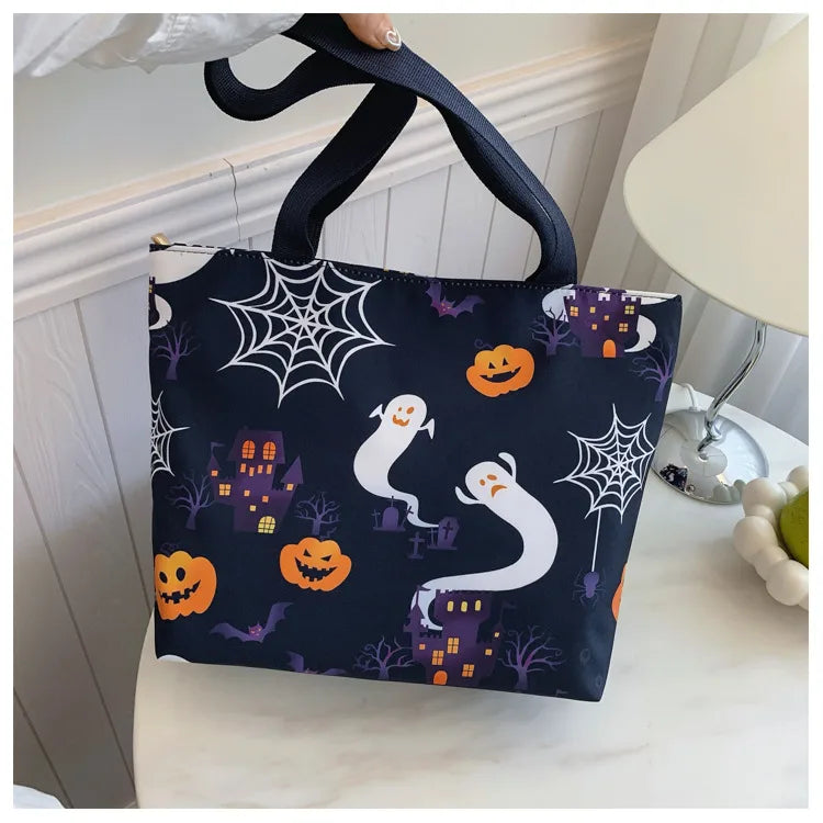 Halloween High Capacity Tot Bag Pumpkin Witch Casual Single Shoulder Bucket Shape Zipper Closure Nylon Material Street Style