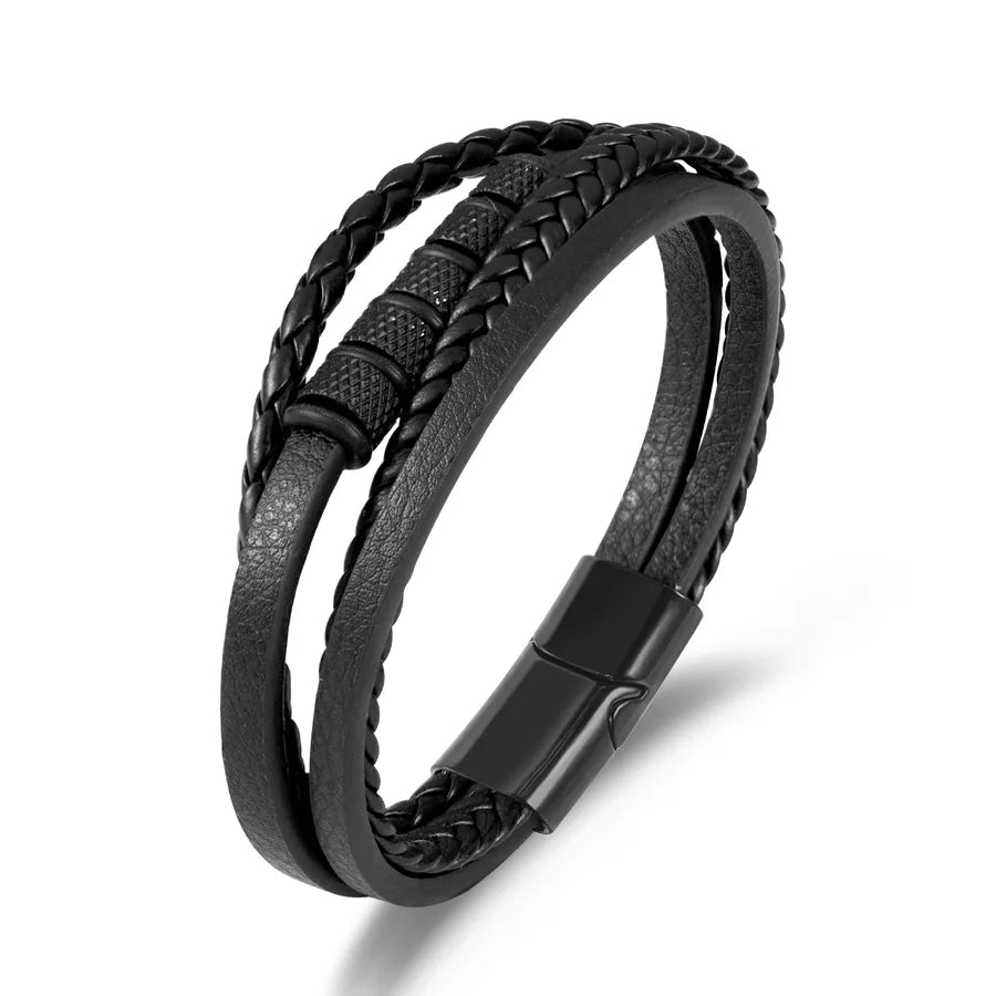 Retro Punk Solid Color 304 Stainless Steel Pu Leather Men's Bangle Men Cord & Leather Bracelets