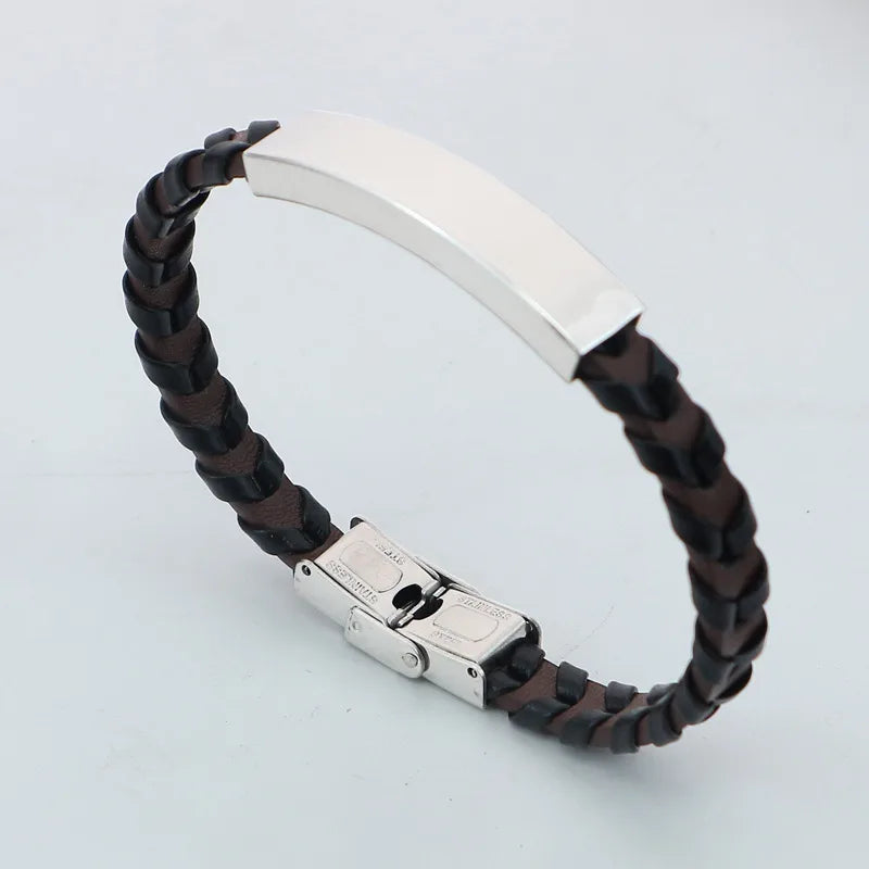 Retro Solid Color 304 Stainless Steel Pu Leather Polishing Men's Bangle Men Cord & Leather Bracelets