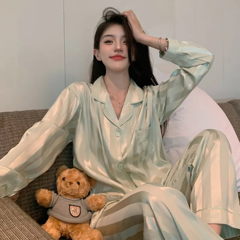 Pure Color Lace Splice Smooth Ice Silk Sleepwear Set Women Long Sleeve Long Pants Two Piece Set High-End Sensation Home Clothes