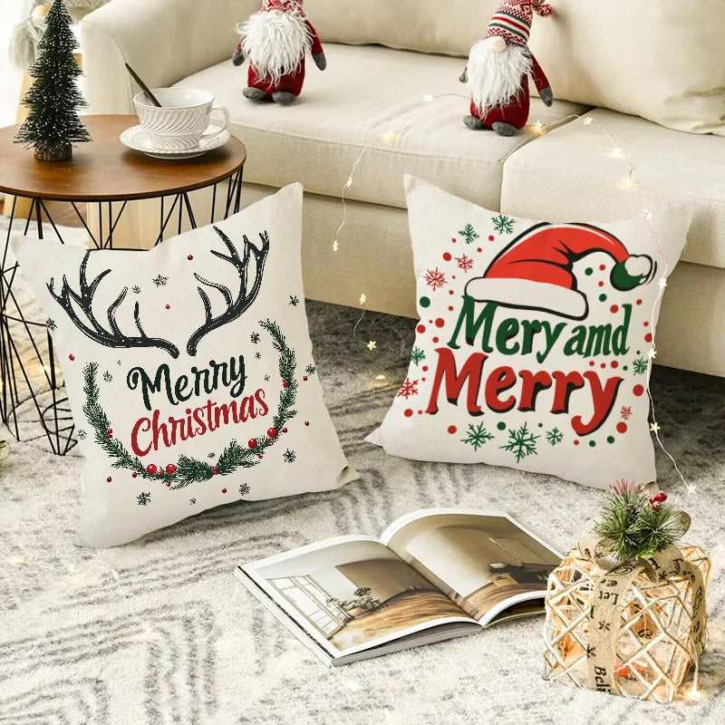 Christmas Linen Pillowcase Santa Claus Print Living Room Sofa Cushion Cover Festival Pillowcase Home Decorative Accessories