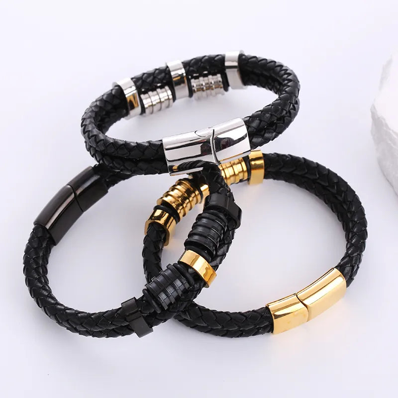 hip-hop geometric stainless steel pu leather braid men's bracelets