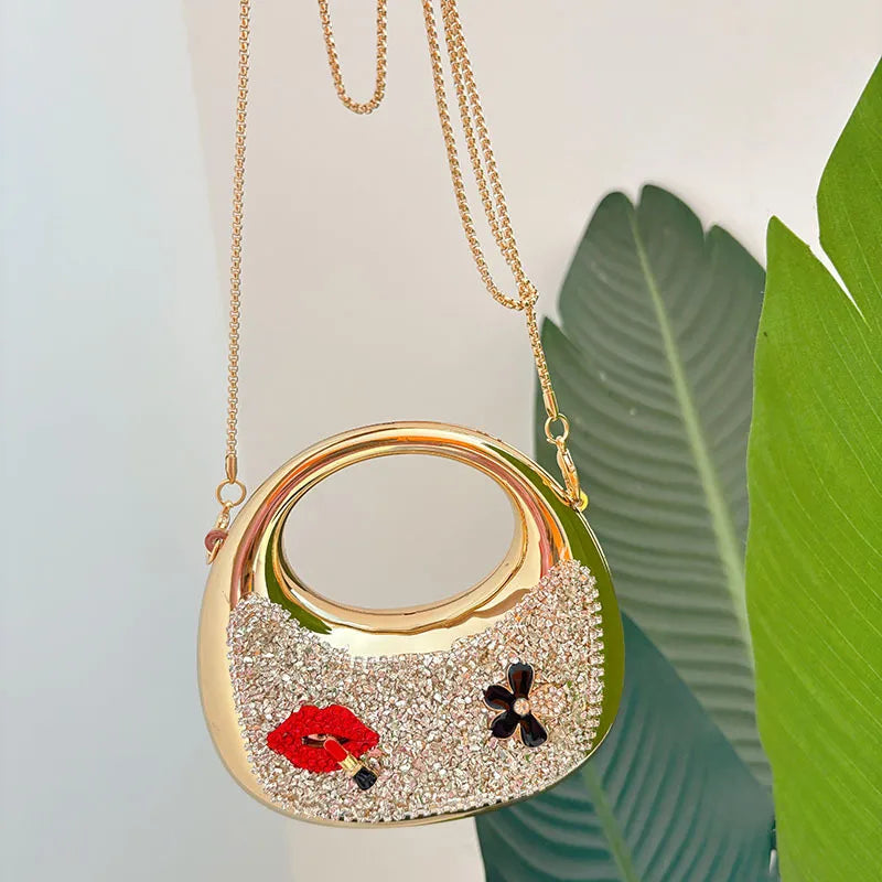 Mini Exquisite Shiny Diamond-encrusted Sexy Lips Flower Acrylic Moon Simple All-match Niche Hand Crossbody Bag
