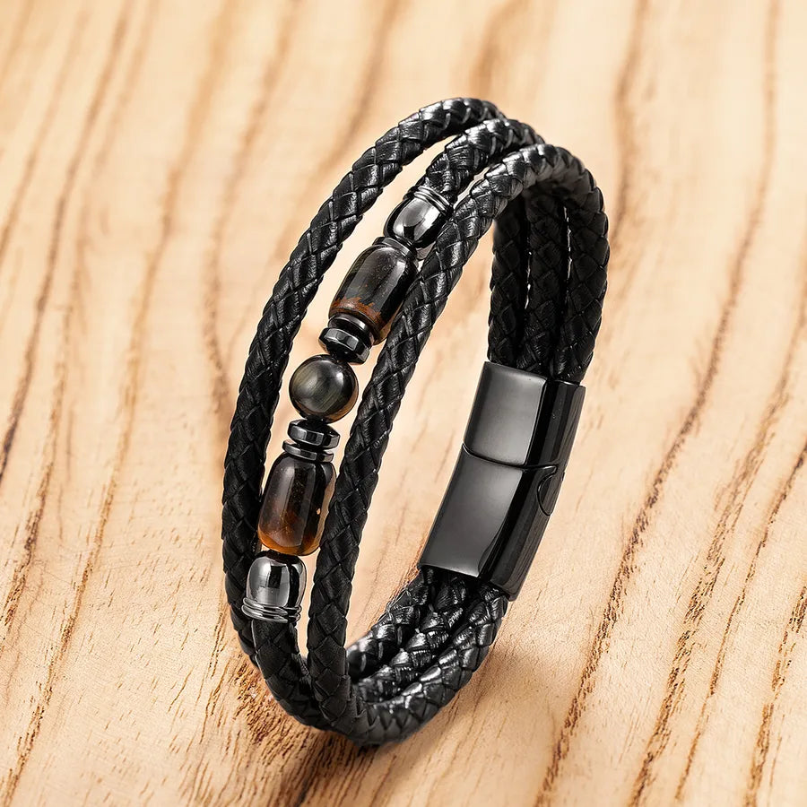 Fashion Tigereye Beaded Bracelet Men's Multi-Layer Woven Leather Personality Stainless Steel Buckle Bracelet Retro Easy Matching Jewelry