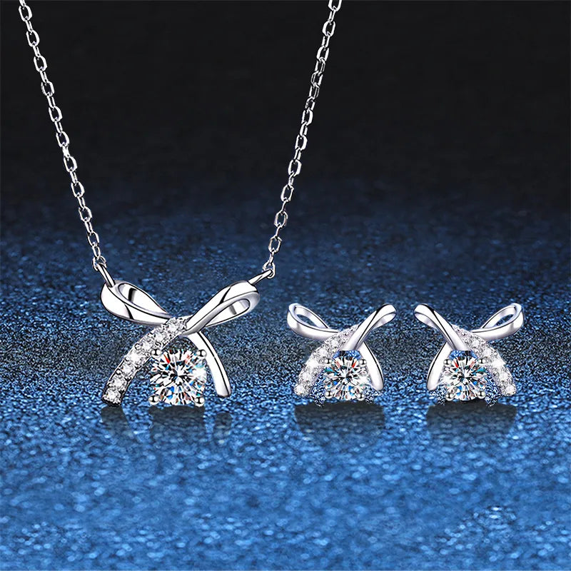 Moissanite 925 Sterling Silver Earrings Necklace Geometric White Gold Plated Earrings Necklace