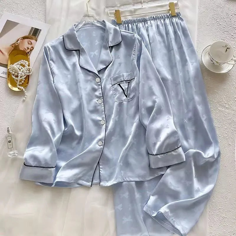 Pure Color Lace Splice Smooth Ice Silk Sleepwear Set Women Long Sleeve Long Pants Two Piece Set High-End Sensation Home Clothes