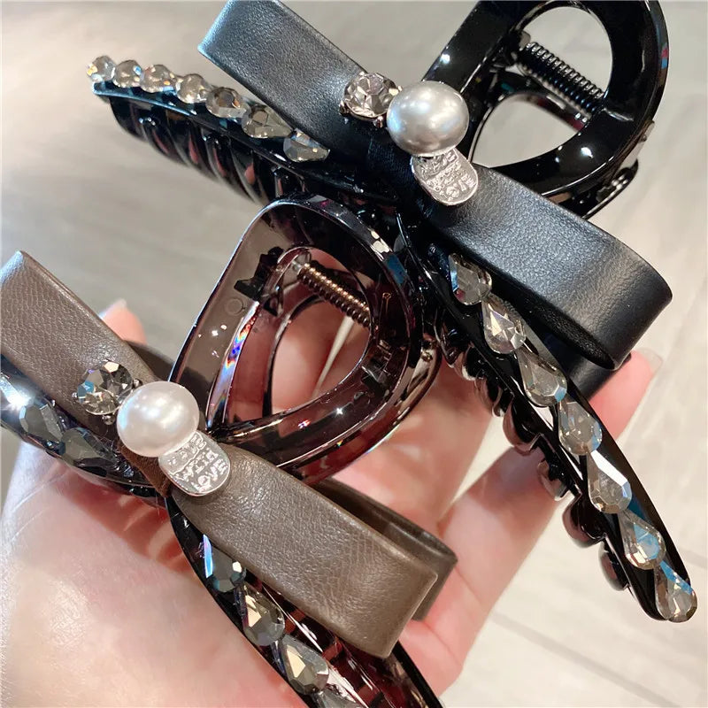 Large Size Pearl Rhinestone Leather Butterfly Knot Hair Clip Women Sweet Shark Clamp Back Of Head Updo Hair Accessory