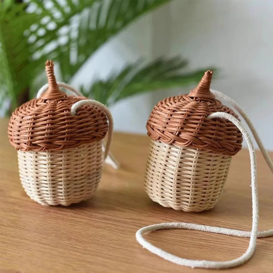 Woven Acorn Handbag Handmade Rattan Mushroom Storage Box Children's Toy Basket with Lid Storage Basket Photography Props