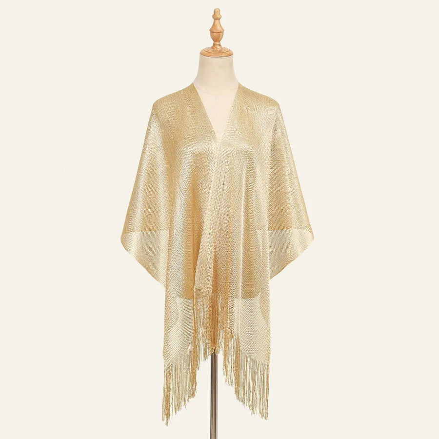 Women's Elegant Solid Color Gold and Silver Wire Tassel Scarf