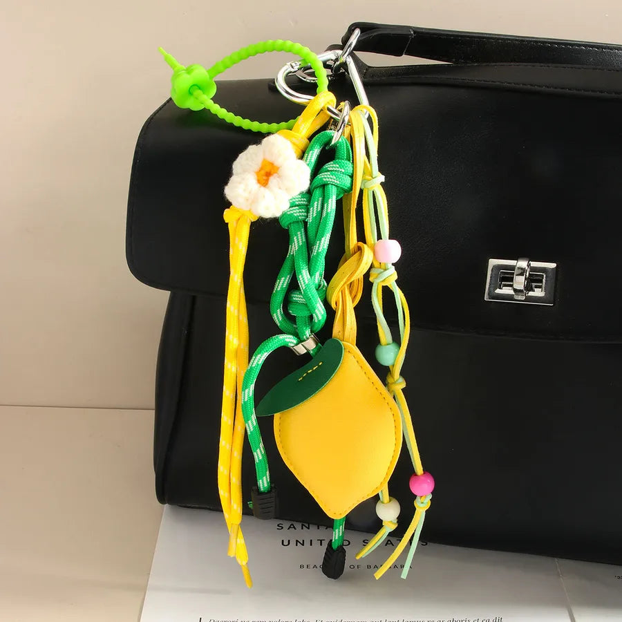 Cute Sweet Color Block Lemon Pu Leather Women's Heart Clasp Closure Bag Pendant Keychain
