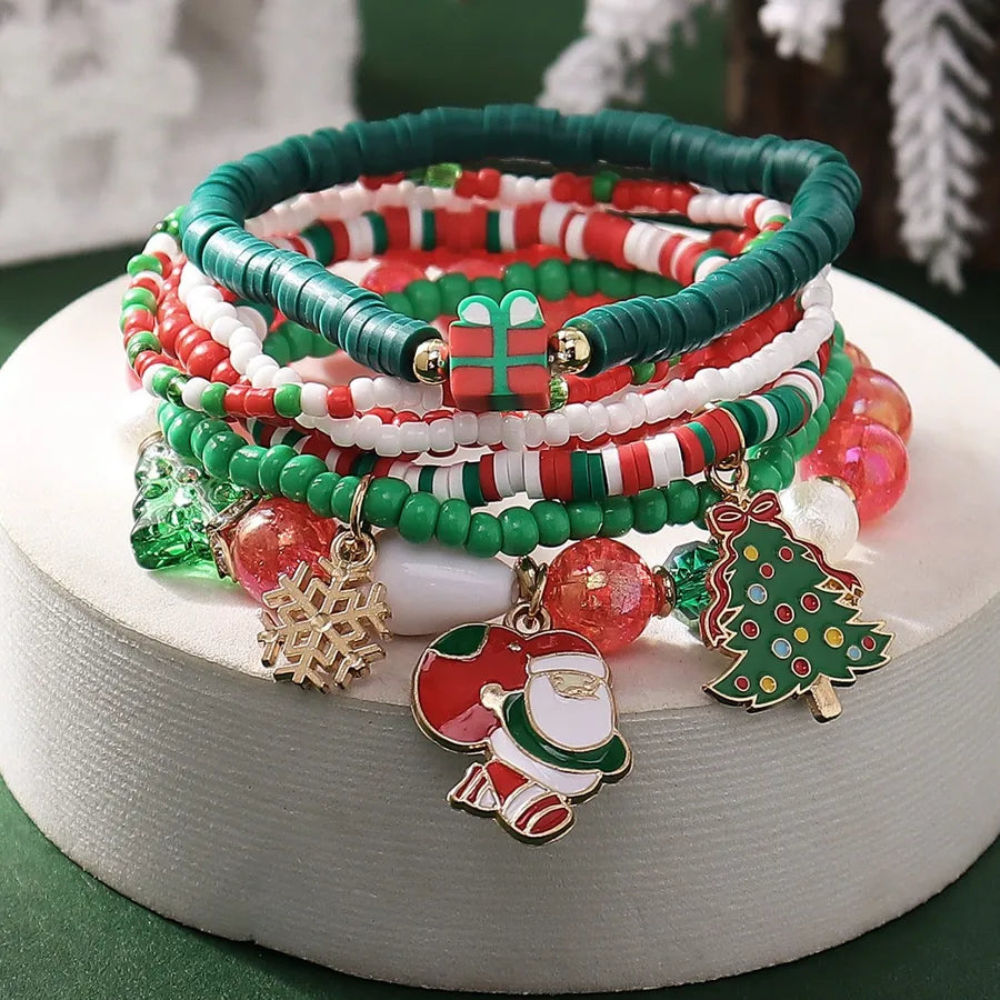 Christmas Theme Soft Clay Beaded Elastic Bracelet Set Pendant Hand Chain Multicolor Retro Animal Style Resin Craft For Women