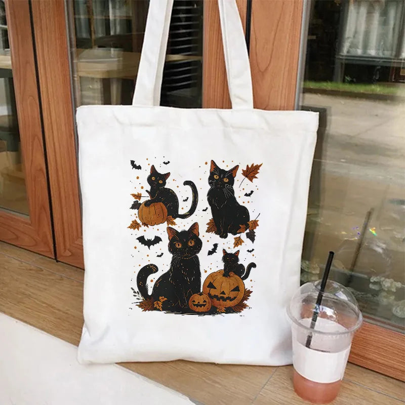 Cute Cat Halloween Party Bag Women Ghost Canvas Tote Bag Harajuku Fashion Shopping Bag Square Shape Large Size Retro Print