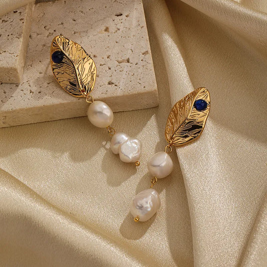 1 pair classical retro leaf plating inlay copper resin freshwater pearl 18k gold plated drop earrings