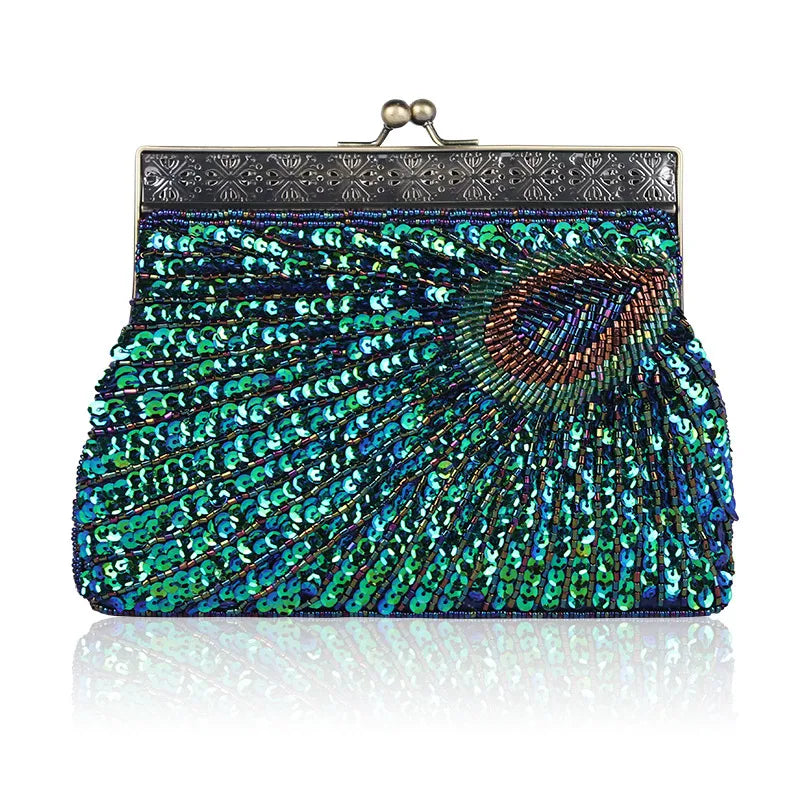 red purple blue polyester peacock feather beading sequins pearl embroidery square evening bags