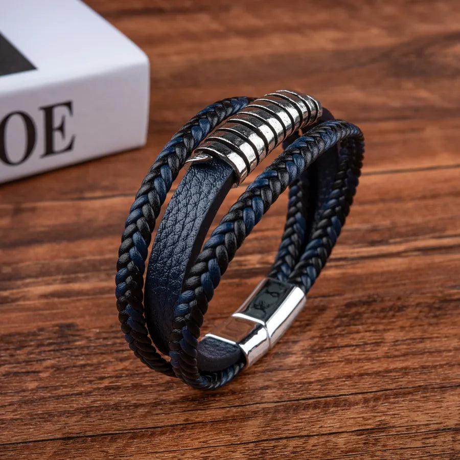 Casual Simple Style Geometric Pu Leather Metal Layered Men's Bracelets