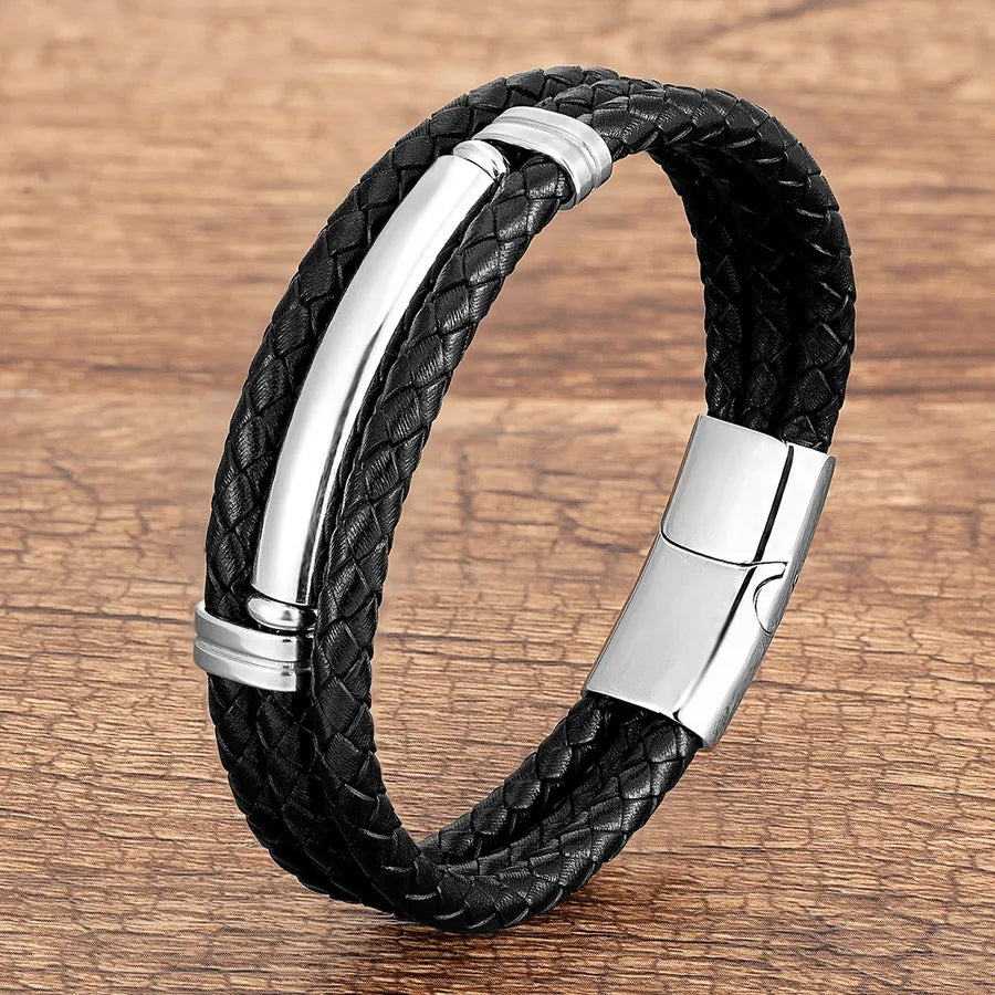 punk modern style geometric stainless steel pu leather men's bracelets