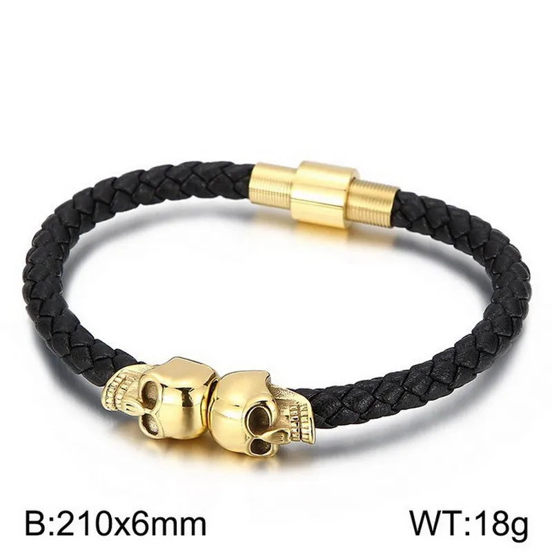 Retro Color Block Pu Leather Titanium Steel Plating 18K Gold Plated Men's Bangle